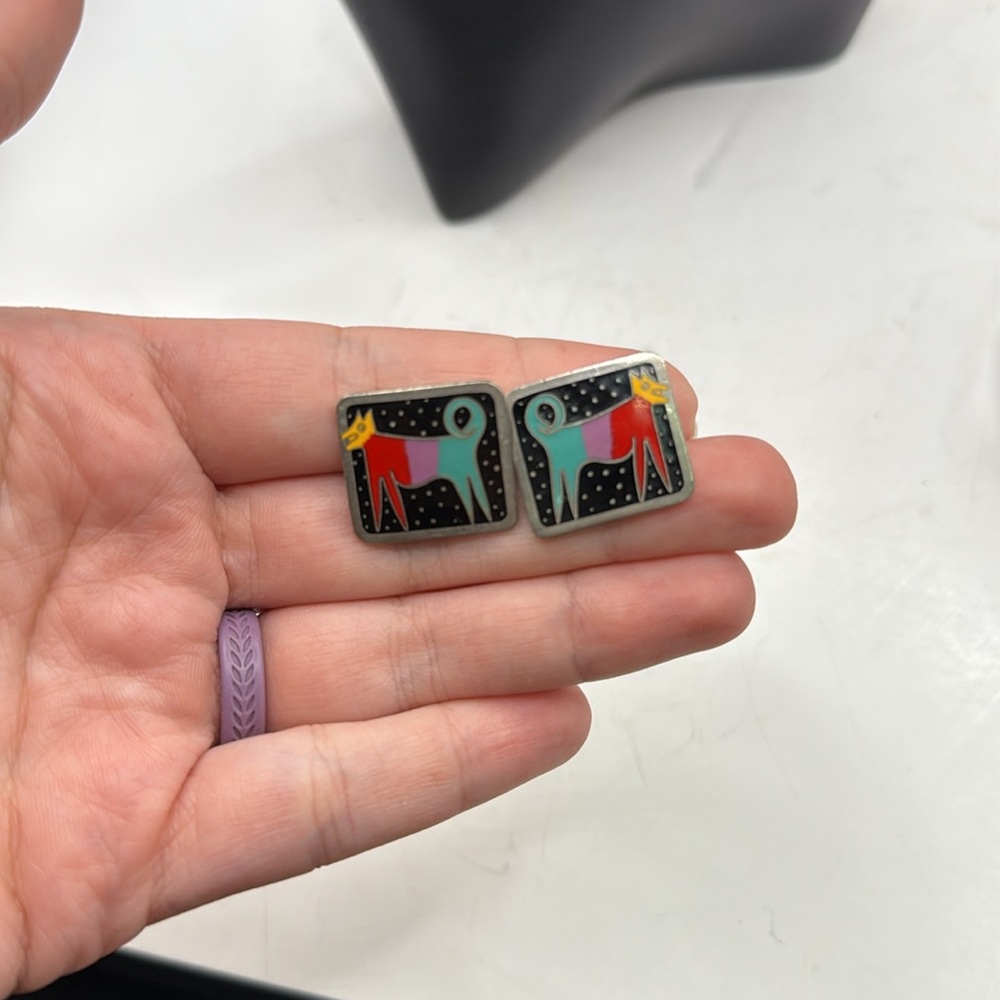 Laurel Burch Night Dog Aztec Square Stud Earrings Jewelry Collectible Cloisonne - Picture 4 of 7